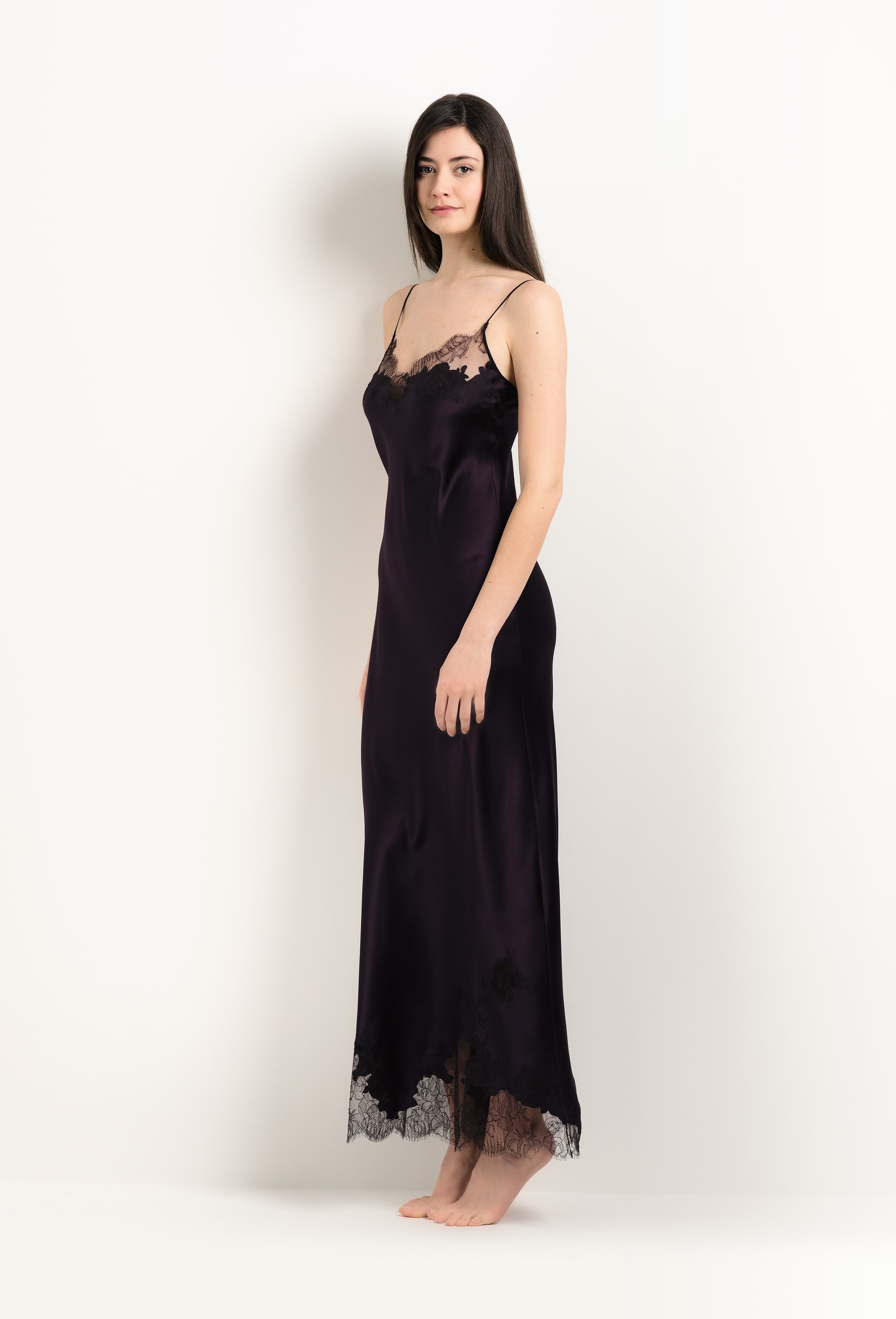 The 2025 Winter collection from the house Carine Gilson - The most beautiful couture lingerie to be discovered with this Long Gown V Neckline in Plum Silk  with Ebony lace