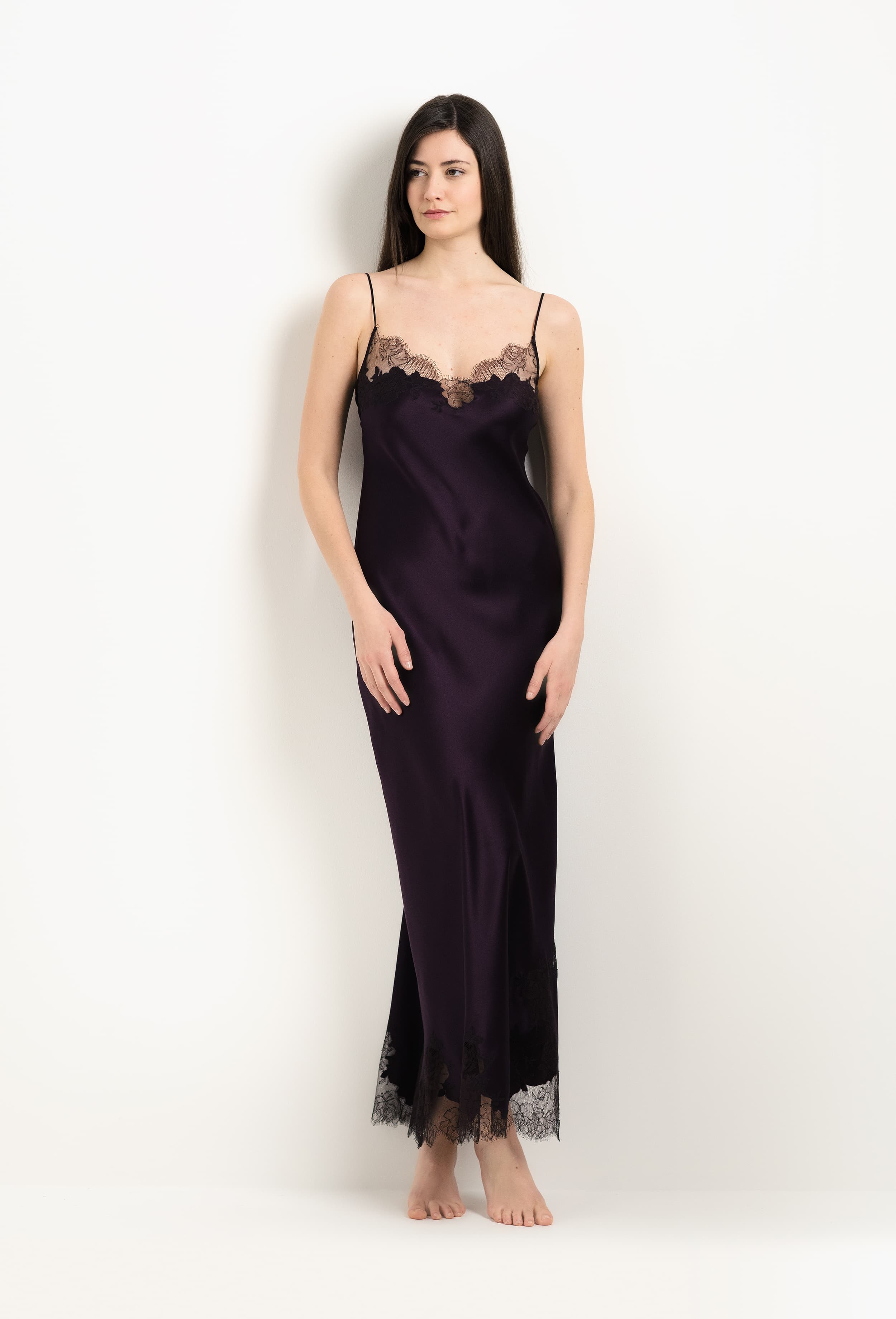 The 2025 Winter collection from the house Carine Gilson - The most beautiful couture lingerie to be discovered with this Long Gown V Neckline in Plum Silk  with Ebony lace