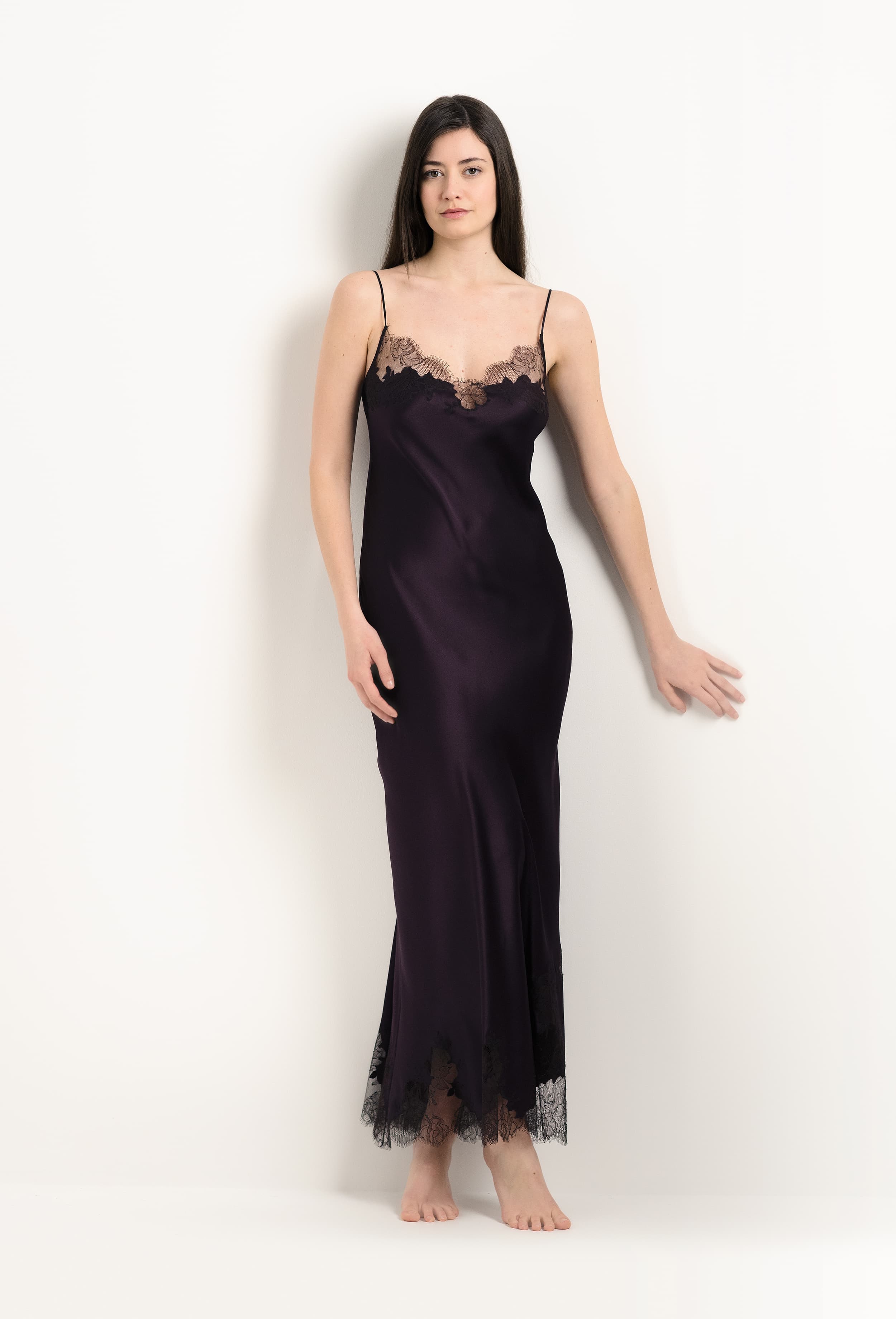The 2025 Winter collection from the house Carine Gilson - The most beautiful couture lingerie to be discovered with this Long Gown V Neckline in Plum Silk  with Ebony lace