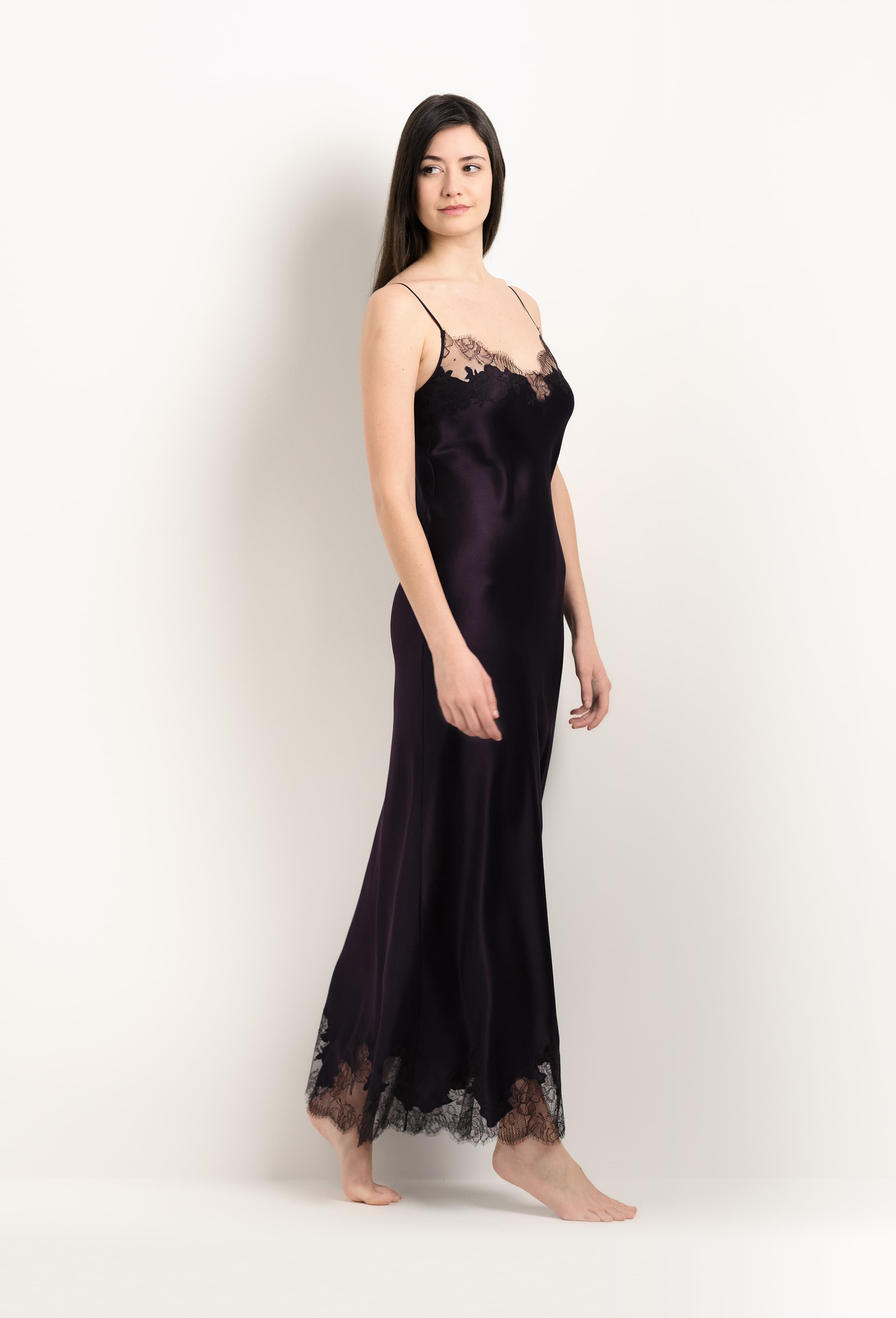 The 2025 Winter collection from the house Carine Gilson - The most beautiful couture lingerie to be discovered with this Long Gown V Neckline in Plum Silk  with Ebony lace