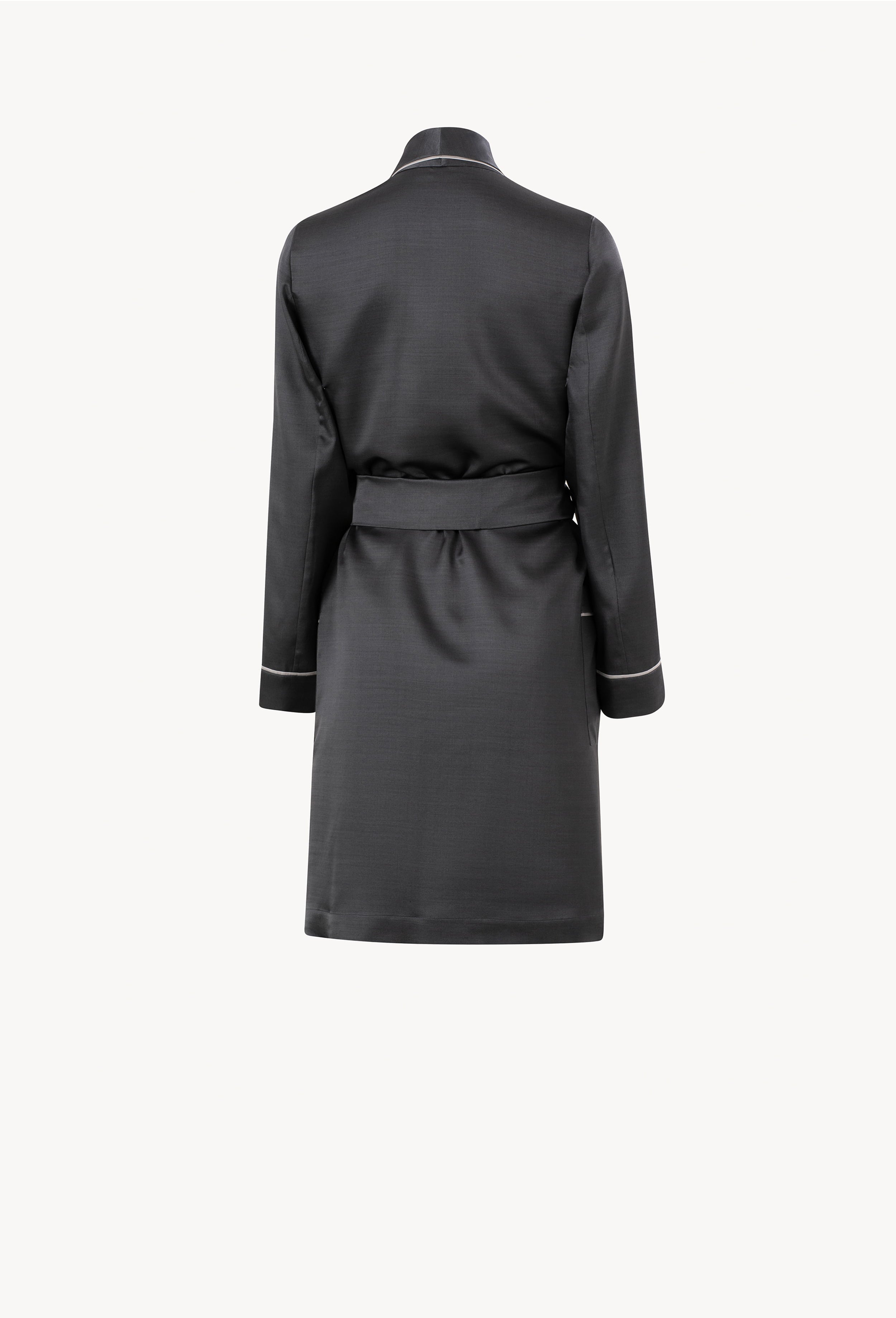 Made of silk and wool, explore the lingerie collection Winter 2026-27 from the house Carine Gilson with this Robe Classic Style 3/4 Length in DarkGrey with contrast Silk 