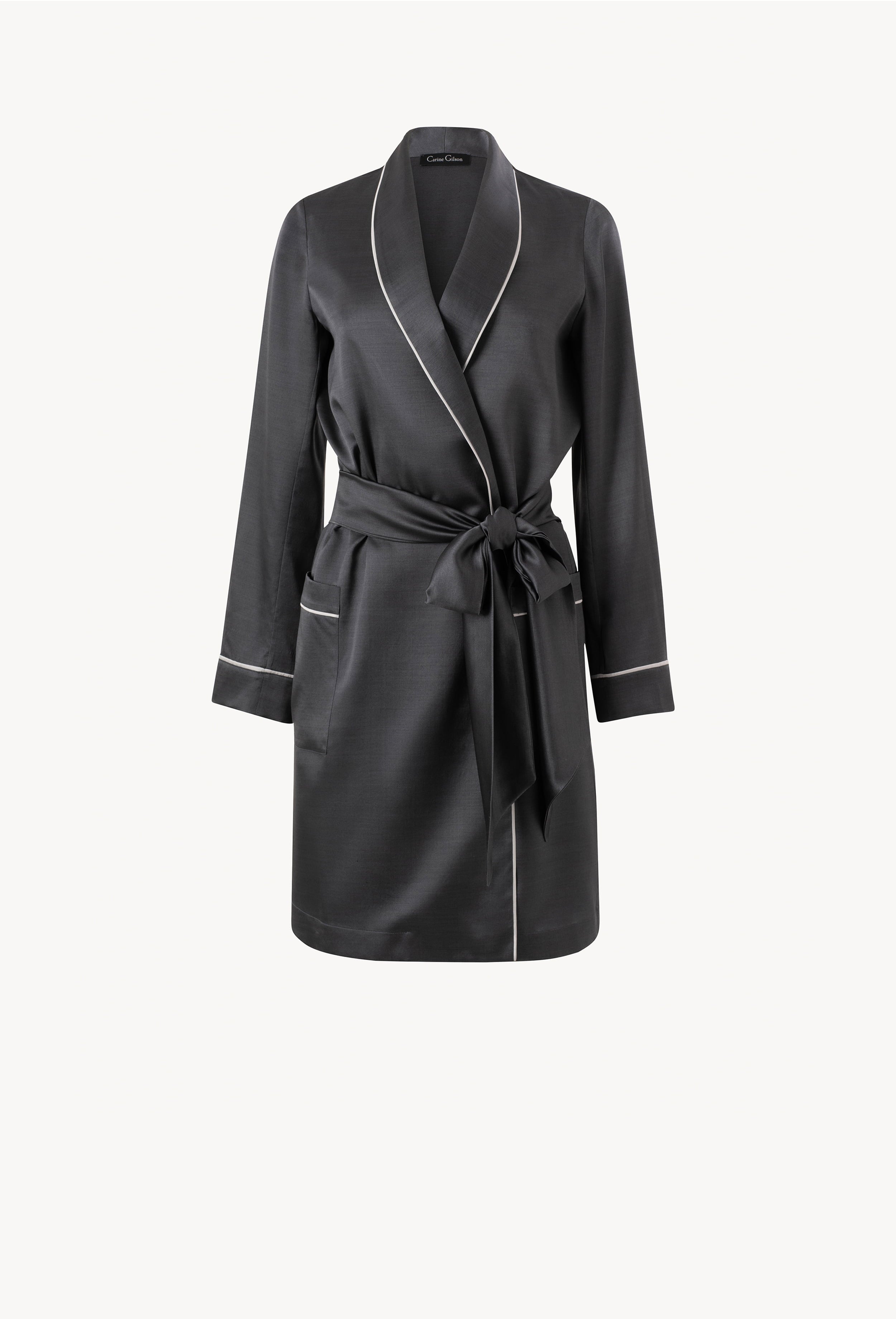 Made of silk and wool, explore the lingerie collection Winter 2026-27 from the house Carine Gilson with this Robe Classic Style 3/4 Length in DarkGrey with contrast Silk 