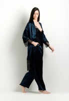 Enjoy the 2024 winter collection of lingerie couture from the house Carine Gilson with this Kimono Raglan Style in dark blue Silk with Black lace