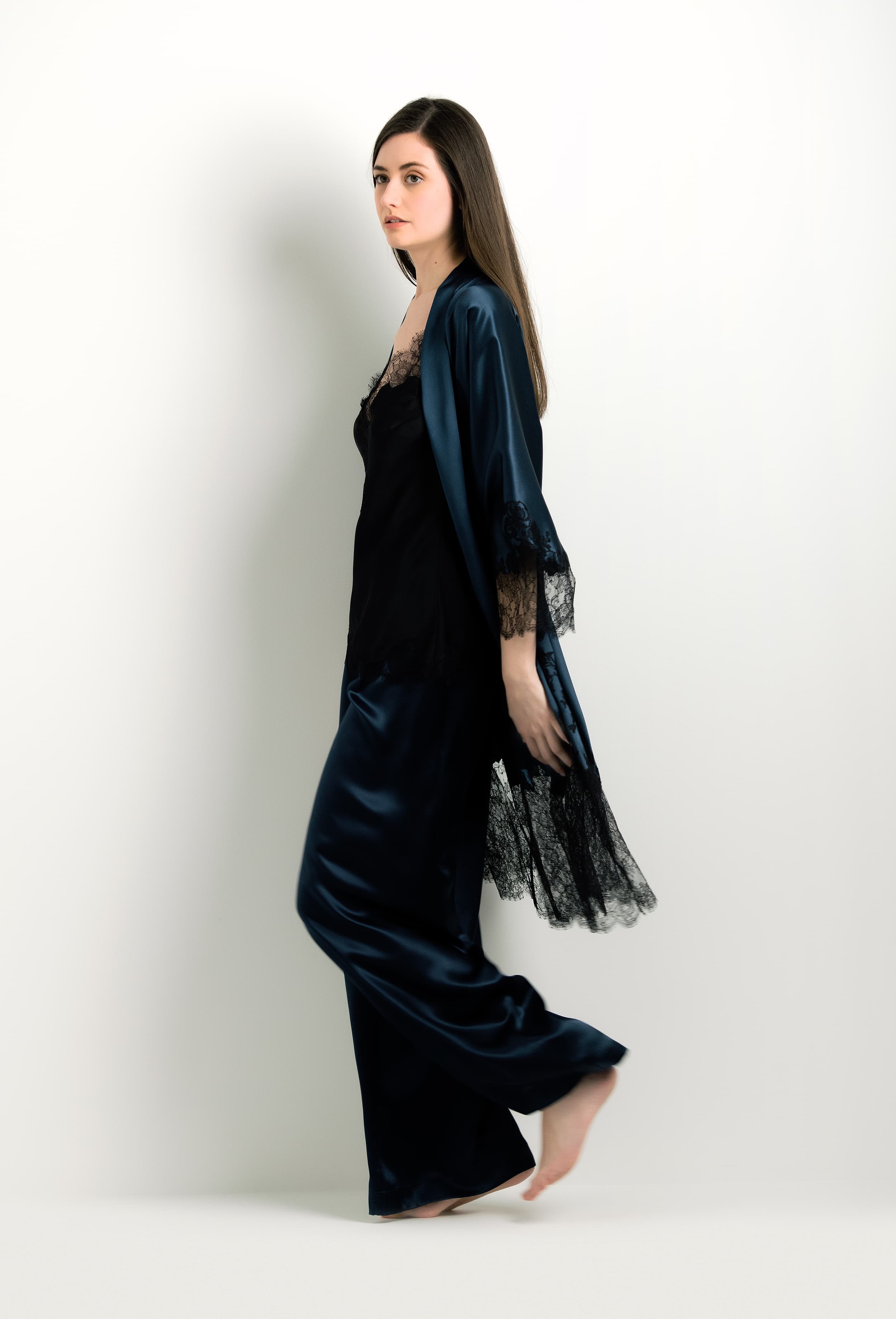 The 2024 winter collection from the house Carine Gilson - The most beautiful couture lingerie to be discovered with this Wide Leg Pajama Pants in dark blue Silk