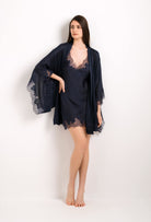 Be seduced by Carine Gilson silk lingerie collection with this Short Kimono Butterfly Sleeves in dark blue Silk with dark blue lace