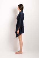 Be seduced by Carine Gilson silk lingerie collection with this Short Kimono Butterfly Sleeves in dark blue Silk with dark blue lace