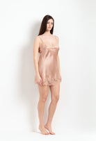 Enter Carine Gilson's world and the most beautiful silk lingerie with the Winter 2026-27 collection with this Babydoll Style Straight Neckline in Beige vison Silk  with Beige vison lace