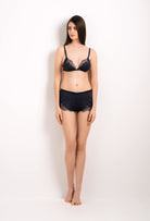 Be seduced by Carine Gilson silk lingerie collection with this Soft Triangle Bra in dark blue Silk with dark blue lace