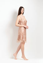 Be seduced by Carine Gilson most beautiful silk lingerie collection with this Midi dress Classic Neckline in Beige vison Silk  with Beige vison lace