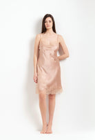 Be seduced by Carine Gilson most beautiful silk lingerie collection with this Midi dress Classic Neckline in Beige vison Silk  with Beige vison lace