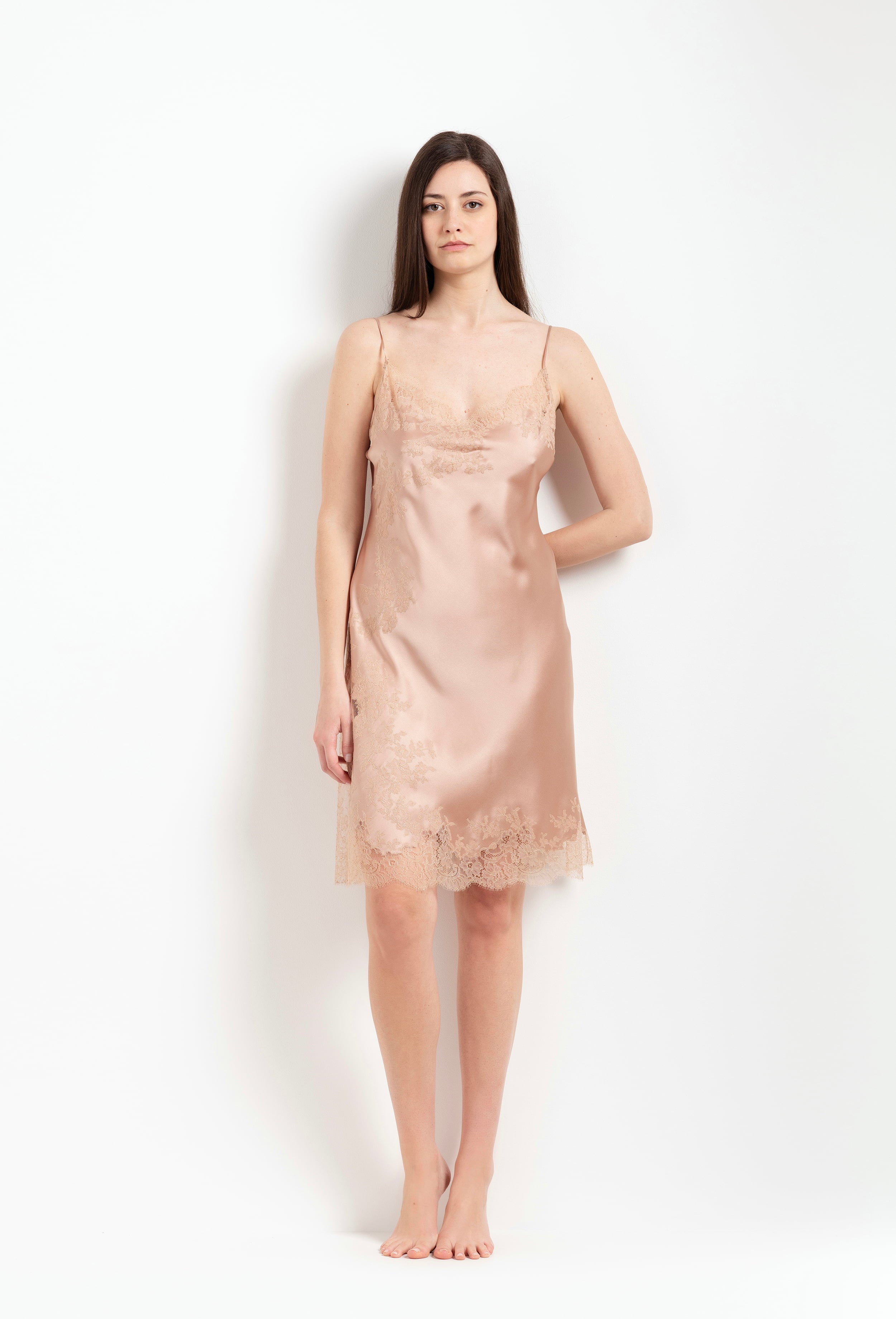 Be seduced by Carine Gilson most beautiful silk lingerie collection with this Midi dress Classic Neckline in Beige vison Silk  with Beige vison lace
