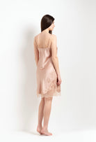 Be seduced by Carine Gilson most beautiful silk lingerie collection with this Midi dress Classic Neckline in Beige vison Silk  with Beige vison lace