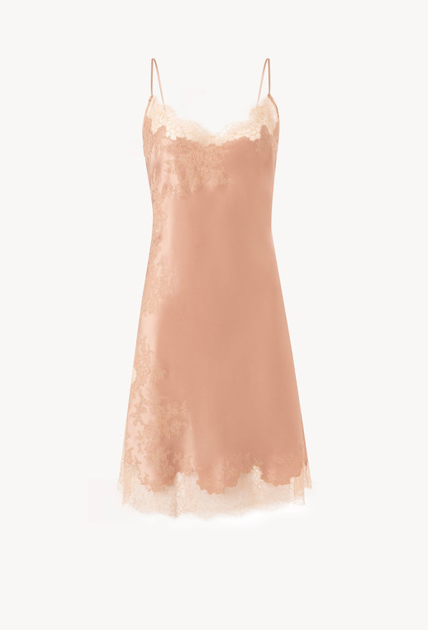 Be seduced by Carine Gilson most beautiful silk lingerie collection with this Midi dress Classic Neckline in Beige vison Silk  with Beige vison lace