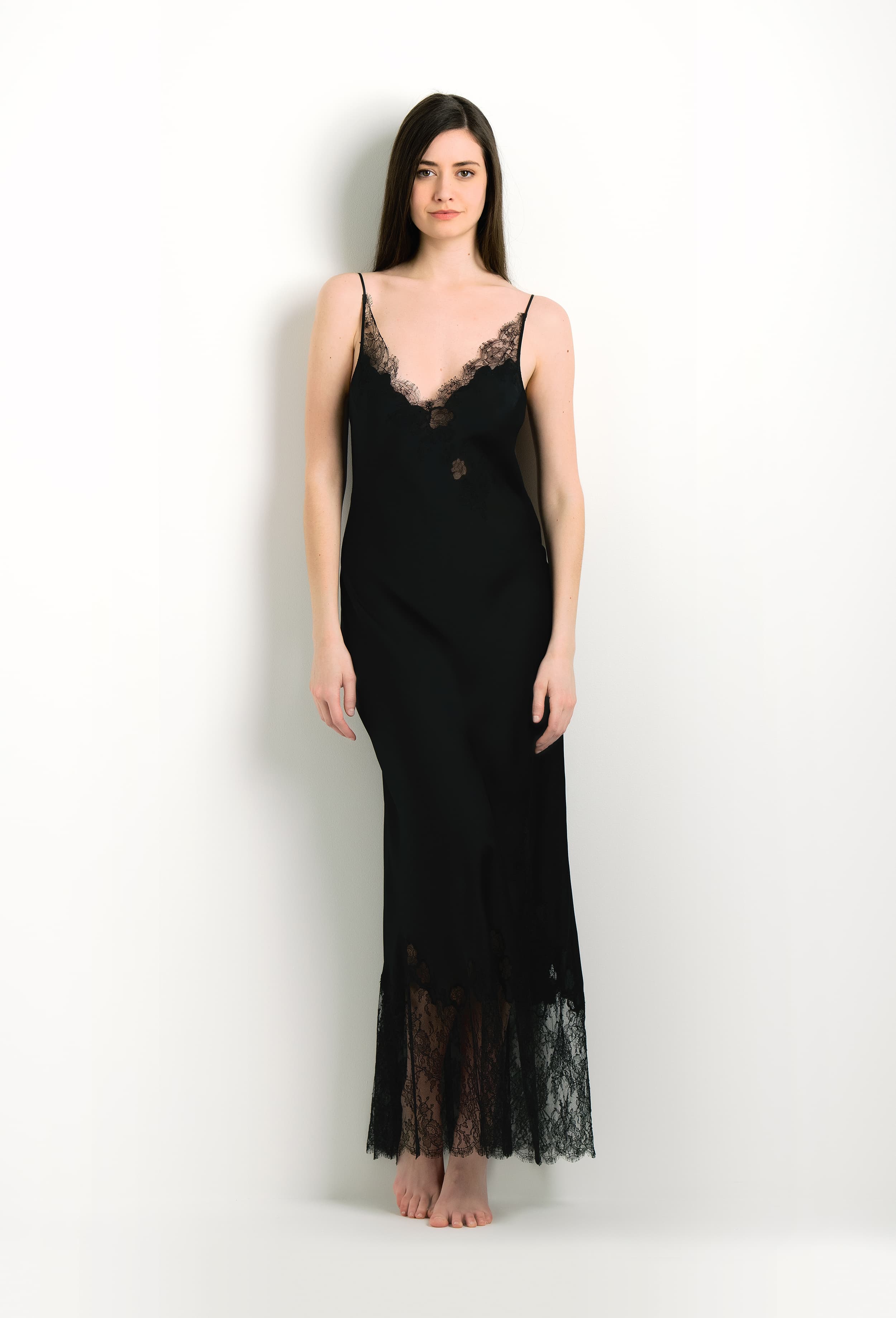 The 2024 winter collection from the house Carine Gilson - The most beautiful couture lingerie to be discovered with this Long Gown V Neckline in Black Silk with Black lace