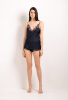 Be seduced by Carine Gilson silk lingerie collection with this Camisole V Neckline in dark blue Silk with dark blue lace