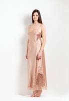 Discover the unique craftmanship of the belgian designer Carine Gilson in her atelier for the Winter 2026-27 collection with this Long Dress Straight Neckline in Beige vison Silk  with Beige vison lace