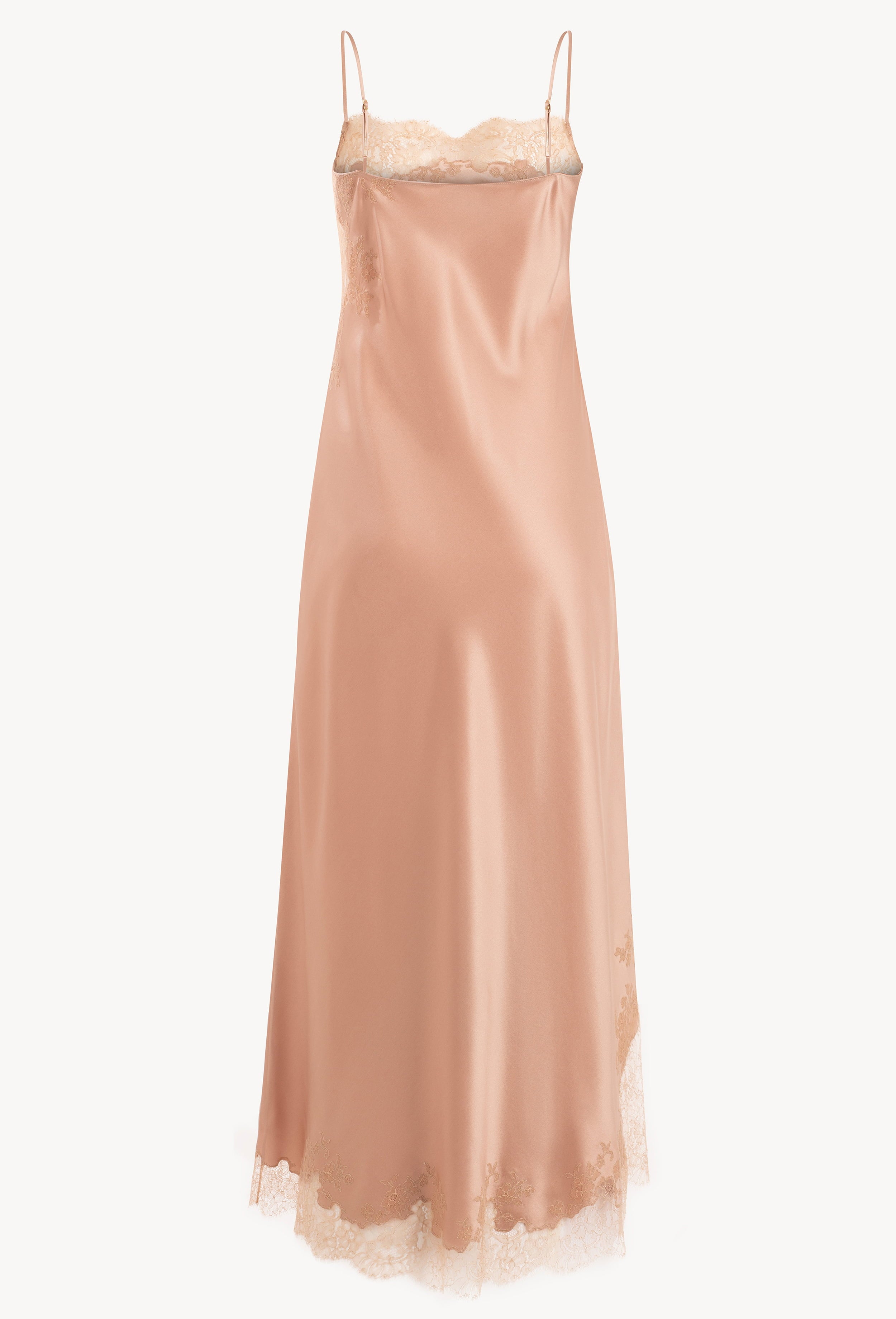Discover the unique craftmanship of the belgian designer Carine Gilson in her atelier for the Winter 2026-27 collection with this Long Dress Straight Neckline in Beige vison Silk  with Beige vison lace