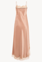 Discover the unique craftmanship of the belgian designer Carine Gilson in her atelier for the Winter 2026-27 collection with this Long Dress Straight Neckline in Beige vison Silk  with Beige vison lace