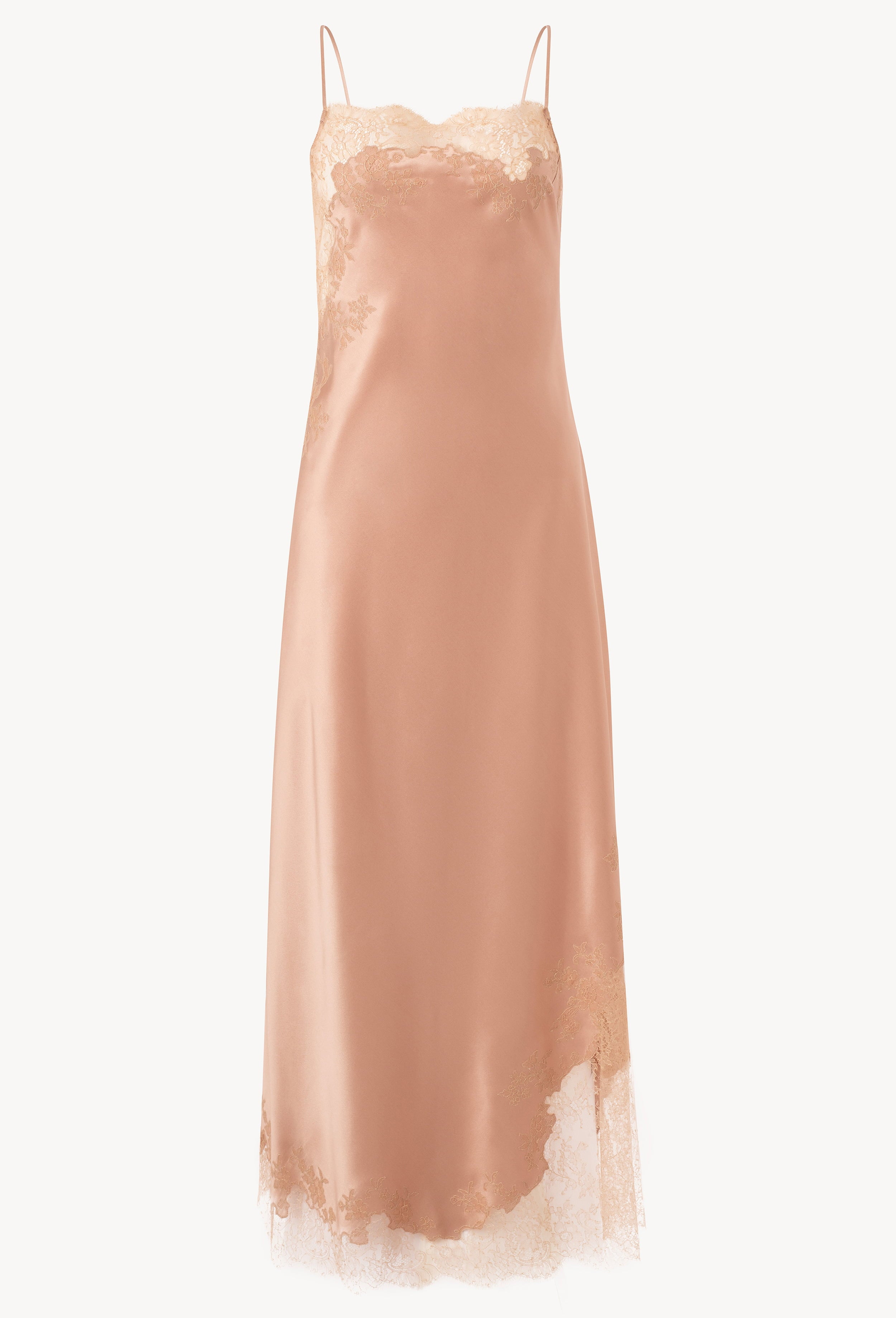 Discover the unique craftmanship of the belgian designer Carine Gilson in her atelier for the Winter 2026-27 collection with this Long Dress Straight Neckline in Beige vison Silk  with Beige vison lace