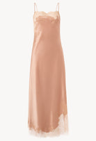 Discover the unique craftmanship of the belgian designer Carine Gilson in her atelier for the Winter 2026-27 collection with this Long Dress Straight Neckline in Beige vison Silk  with Beige vison lace
