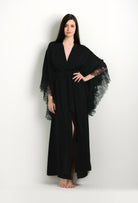 Enter Carine Gilson's world and the most beautiful silk lingerie with the 2024 winter collection and this Long Kimono Butterfly Sleeves in Black Silk with Black lace