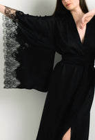 Enter Carine Gilson's world and the most beautiful silk lingerie with the 2024 winter collection and this Long Kimono Butterfly Sleeves in Black Silk with Black lace