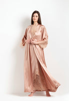 The Winter 2026-27 collection from the house Carine Gilson - The most beautiful couture lingerie to be discovered with this Long Kimono Classic Sleeves in Beige vison Silk  with Beige vison lace