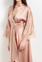 The Winter 2026-27 collection from the house Carine Gilson - The most beautiful couture lingerie to be discovered with this Long Kimono Classic Sleeves in Beige vison Silk  with Beige vison lace