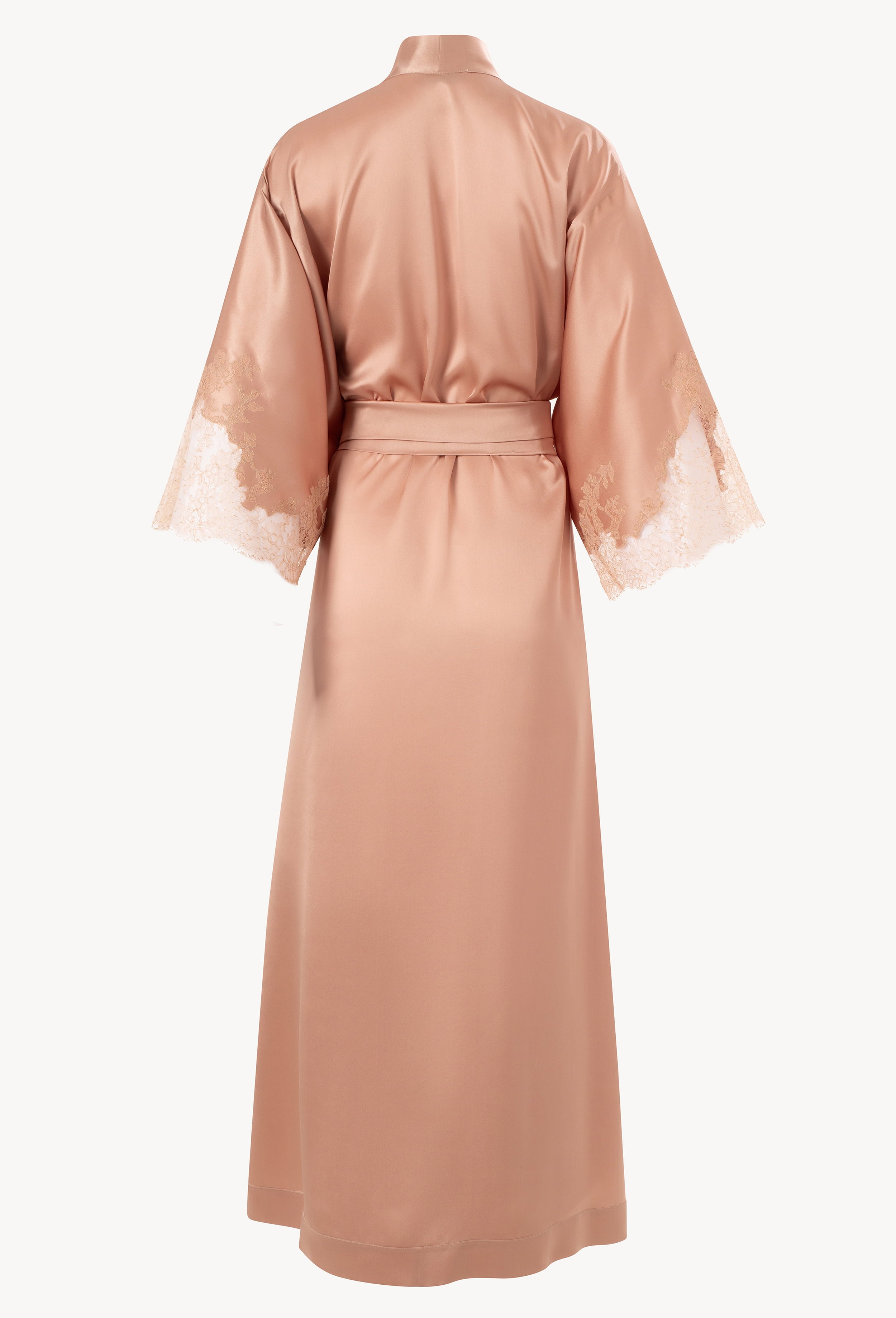The Winter 2026-27 collection from the house Carine Gilson - The most beautiful couture lingerie to be discovered with this Long Kimono Classic Sleeves in Beige vison Silk  with Beige vison lace