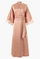 The Winter 2026-27 collection from the house Carine Gilson - The most beautiful couture lingerie to be discovered with this Long Kimono Classic Sleeves in Beige vison Silk  with Beige vison lace