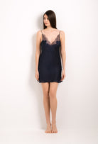 Be seduced by Carine Gilson silk lingerie collection with this Slip Babydoll Style V Neckline in dark blue Silk with dark blue lace