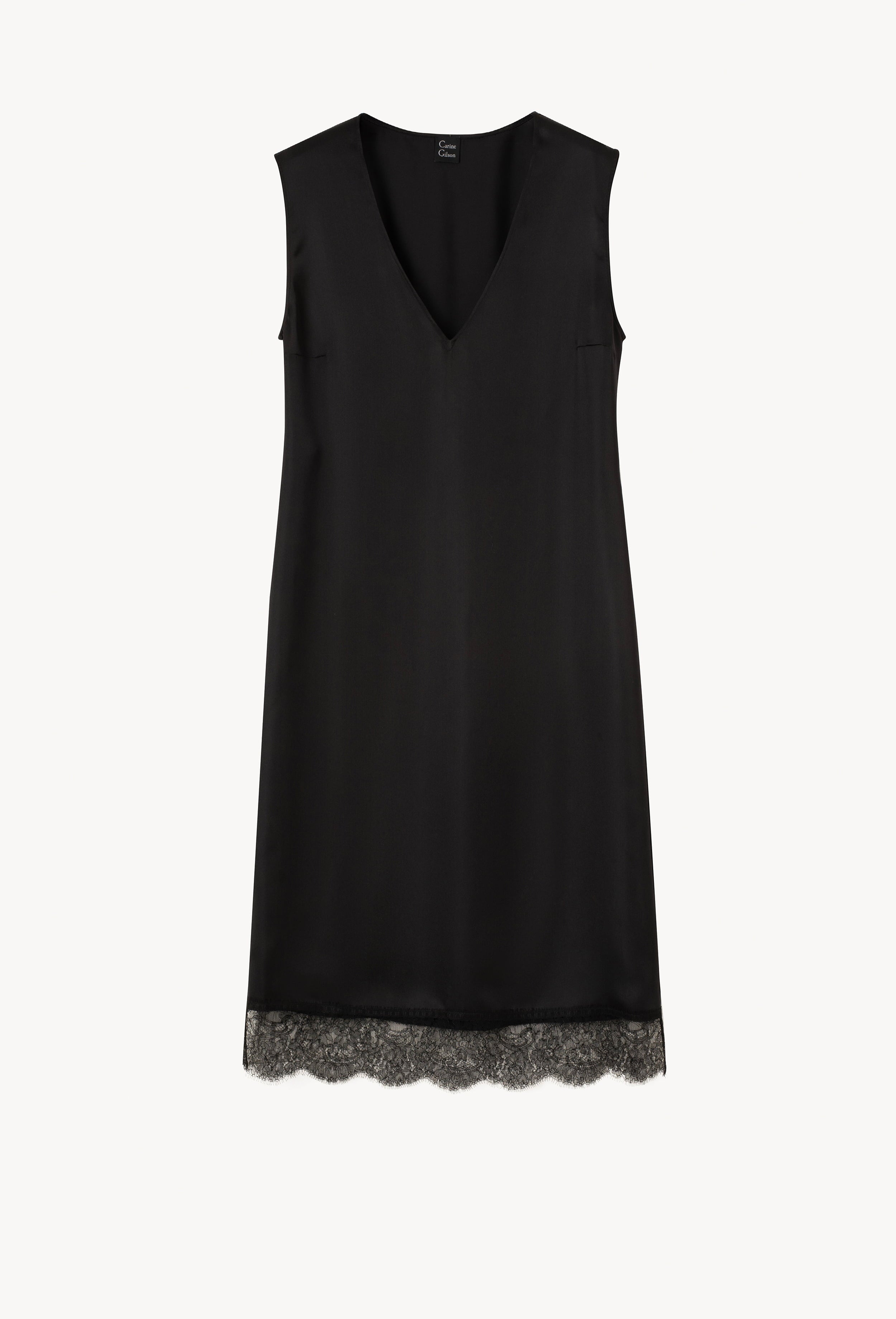 Discover the Winter 2026-27 collection of lingerie couture from the house Carine Gilson with this Midi Dress Silk with V neck in black Silk  with black lace
