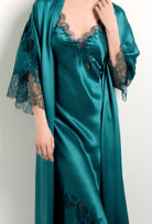 The 2024 winter collection from the house Carine Gilson - The most beautiful couture lingerie to be discovered with this Long Kimono Classic Sleeves in blue Silk with emerald green lace