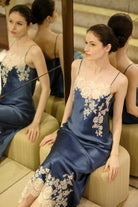 Enter Carine Gilson's world and the most beautiful silk and lace Cruise collection with this Long Gown Straight Neckline in Azur Silk  with Natural lace