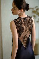 Enjoy the 2026 Cruise collection from the house Carine Gilson with this Long Gown V Neckline in Dark Marine Blue Silk  with black lace