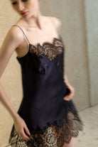 Be seduced by Carine Gilson most beautiful silk and lace collection with this Slip Babydoll Style Straight Neckline in Dark Marine Blue Silk  with black lace