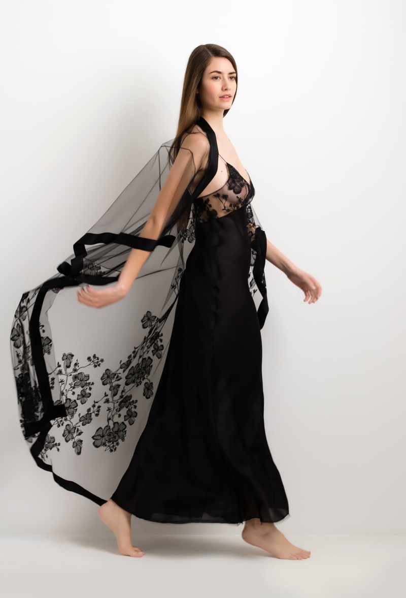 Silk camisole - Black and black Sakura Caudry lace - Carine Gilson