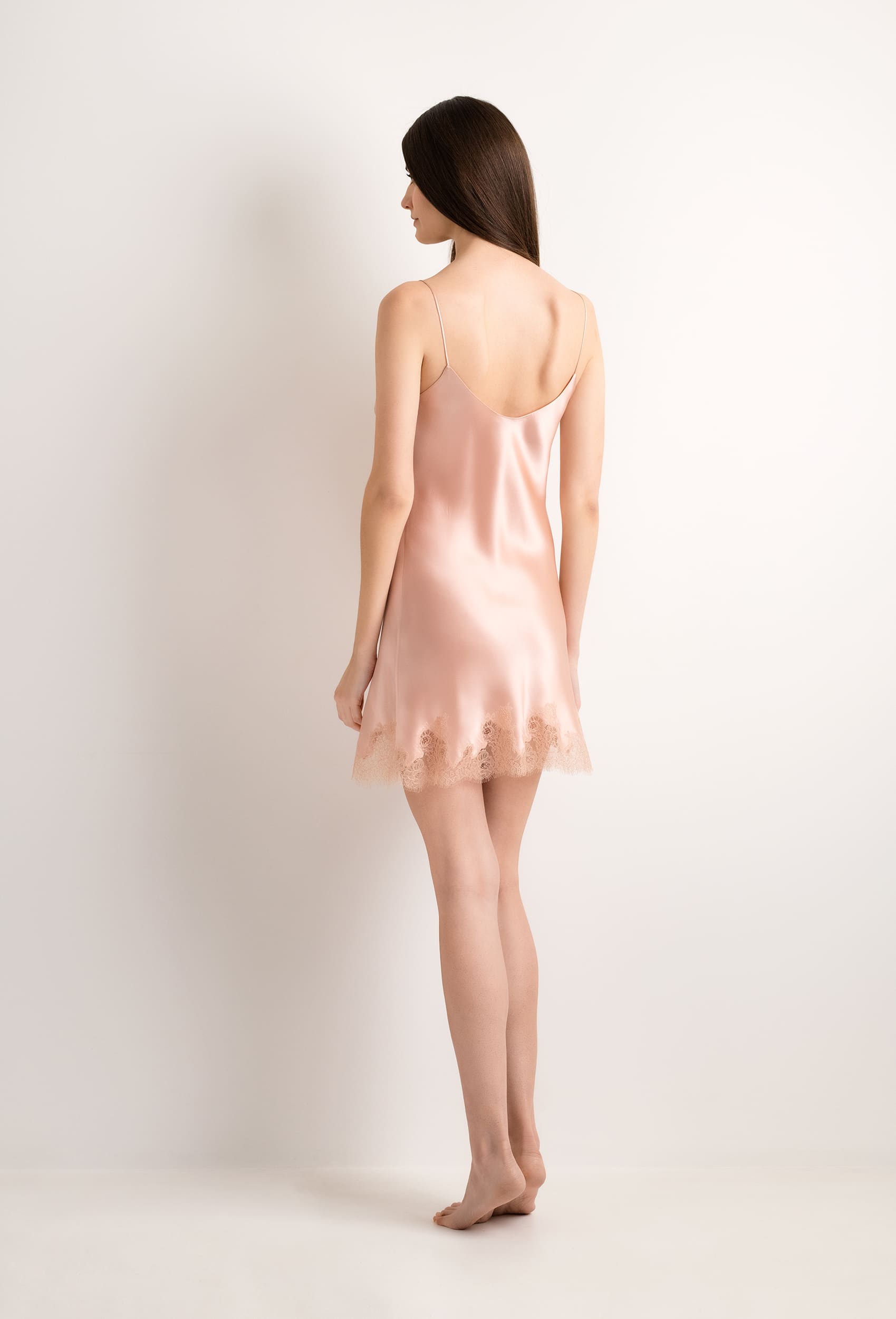 Short Silk Slip Dress - Freesia and Nude Caudry Lace