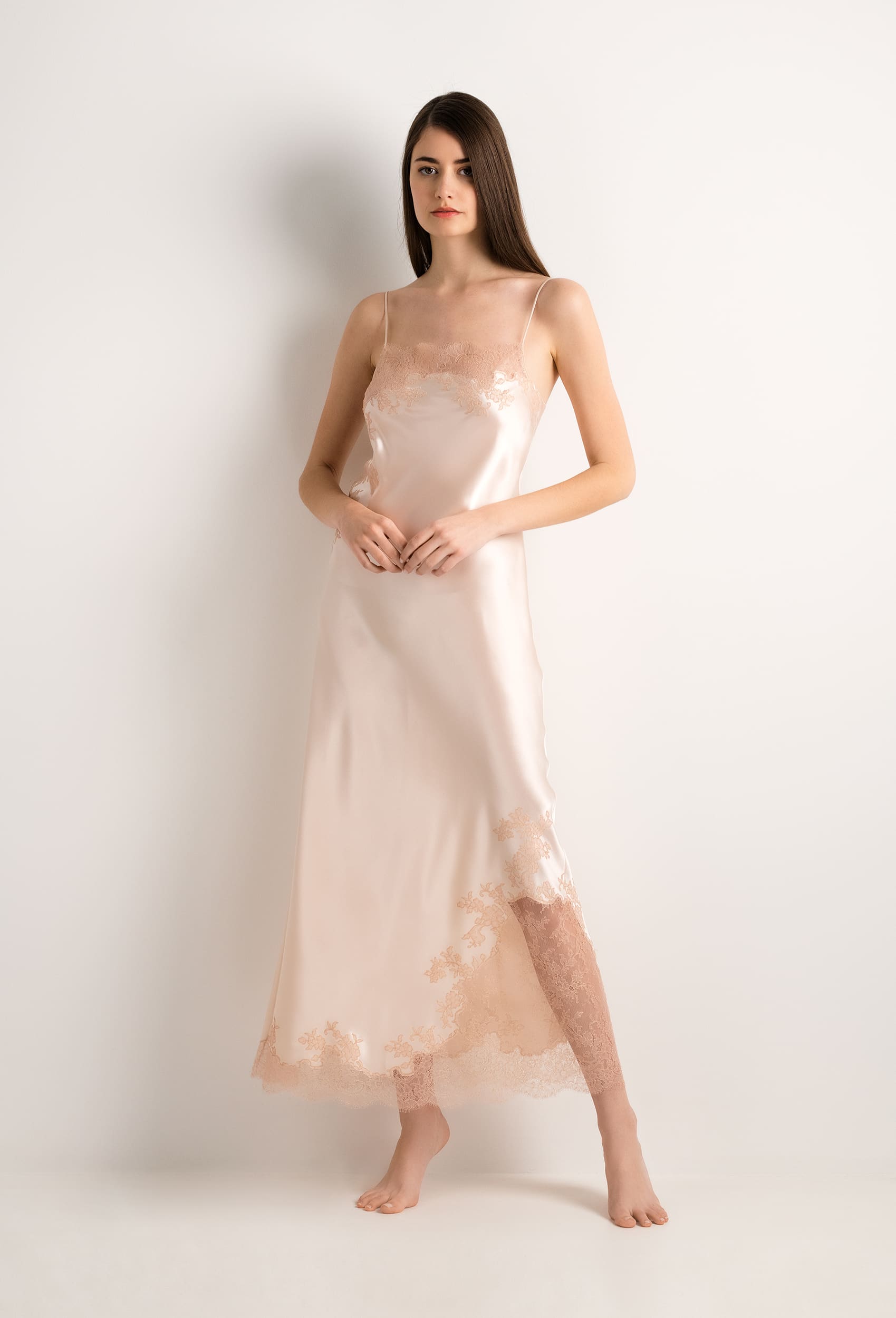 Long Silk Slip Dress - Powder and Caudry Lace