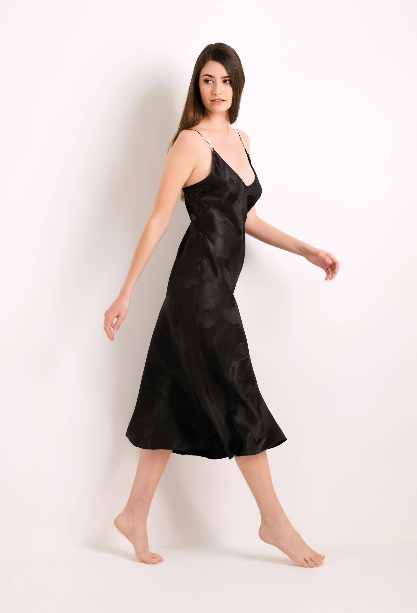 Long silk slip dress - black peony