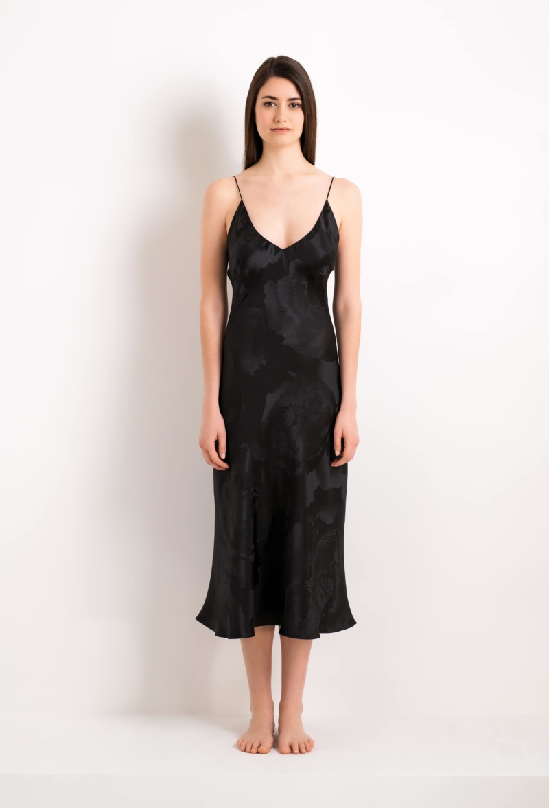 Short Silk Slip Dress - Black and Black Caudry Lace - Carine Gilson