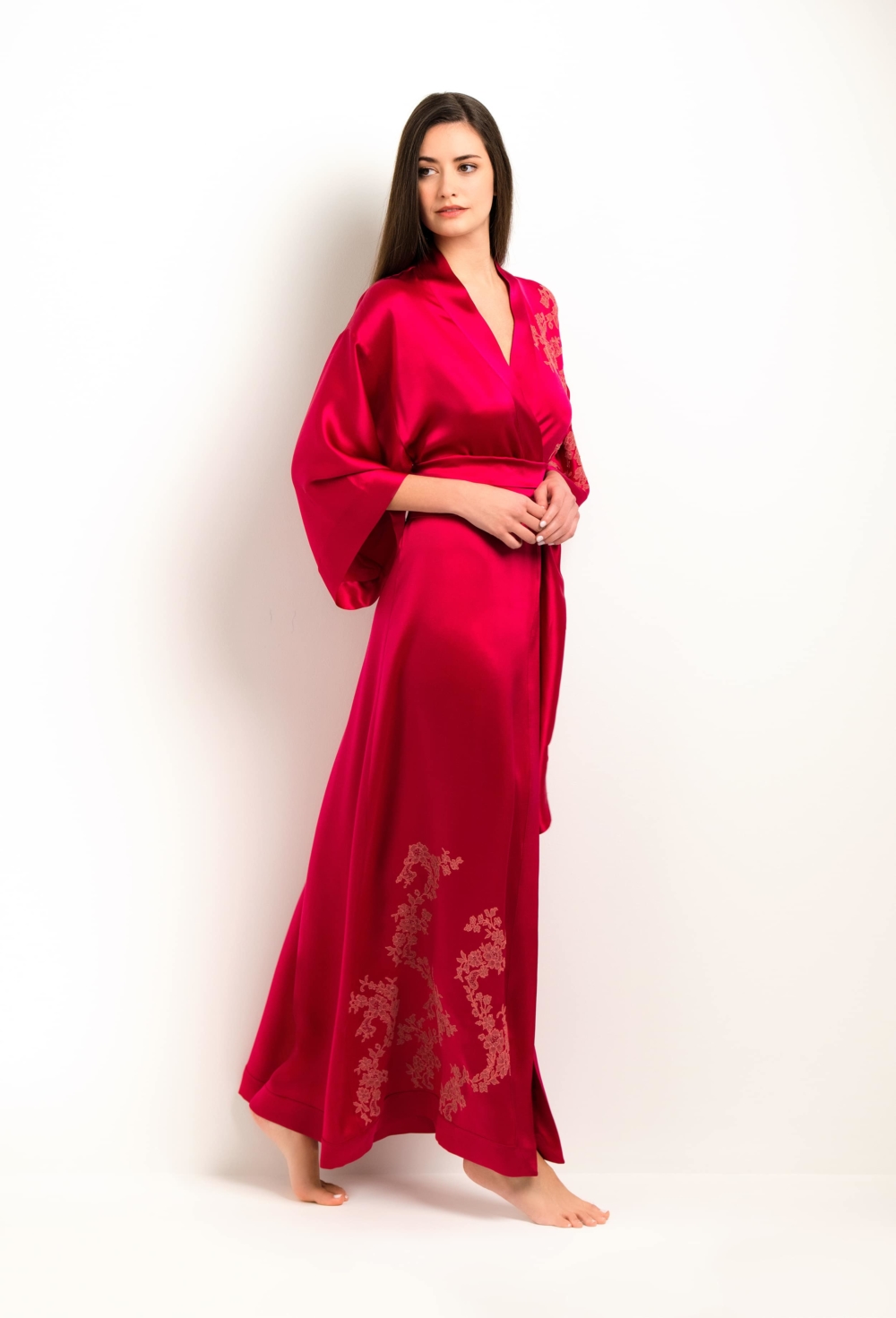 Long silk kimono - Love red and dusty pink Ceres lace - Carine Gilson