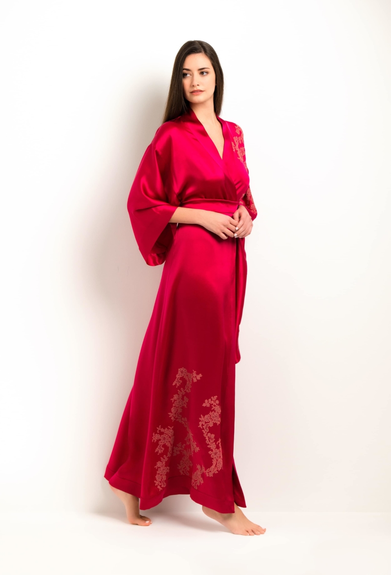 Long silk slip dress - Love red and dusty pink Ceres lace - Carine Gilson