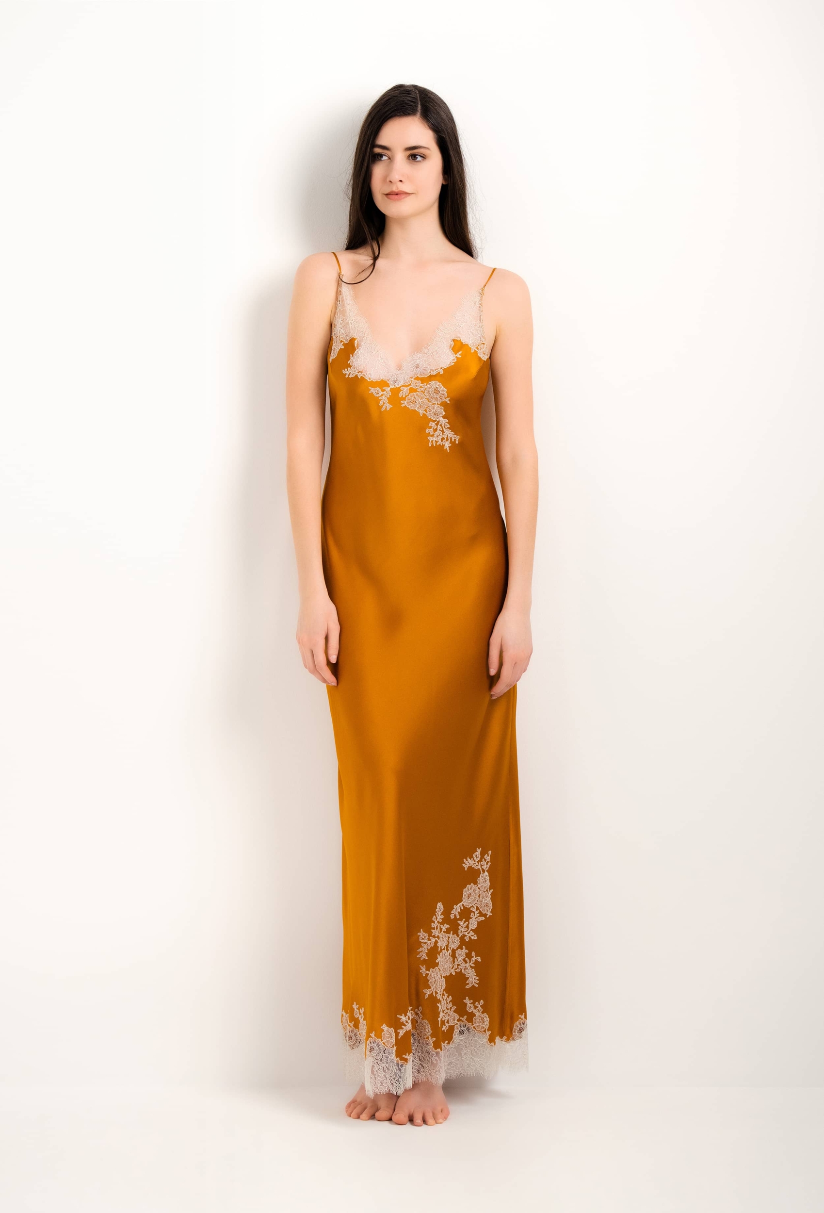 Long silk slip dress - Amber and ivory Caudry lace
