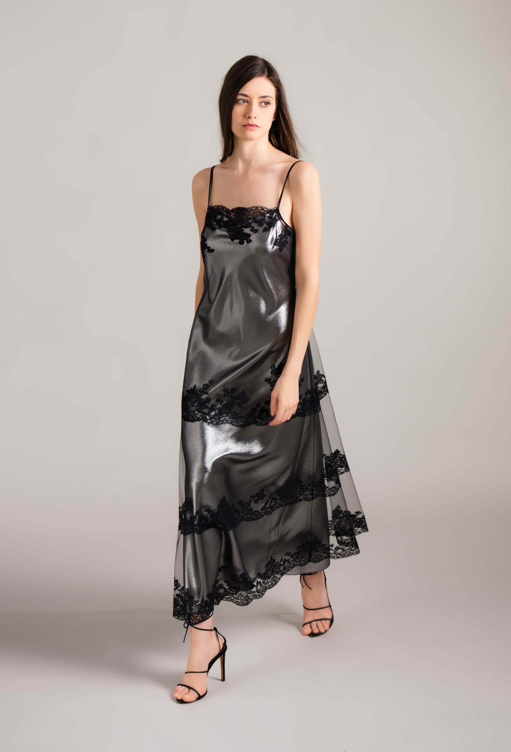 7/8 length tulle slip dress - Black and black Agatha lace - Carine