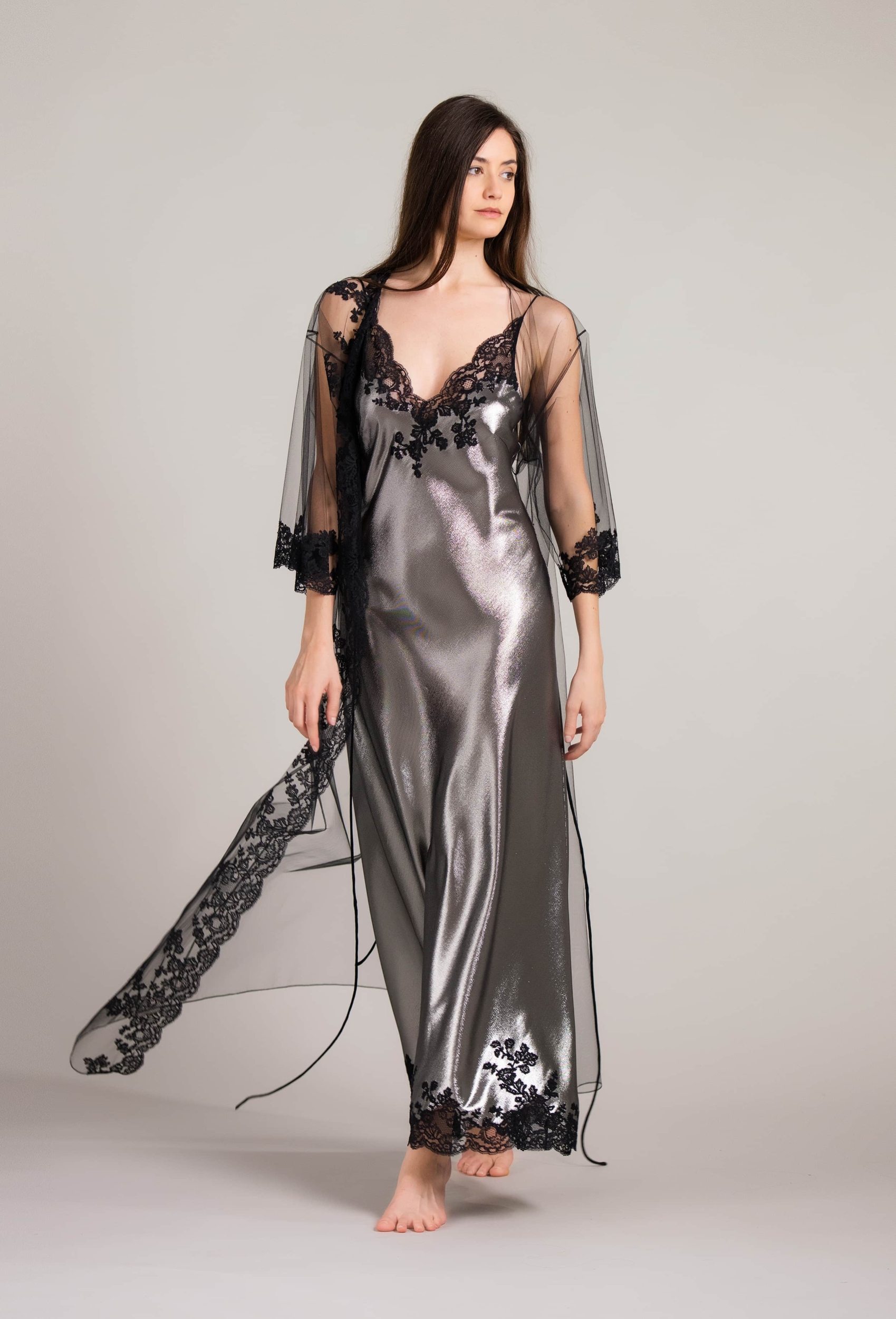 Long silk slip dress - Steel lurex and black Agatha lace - Carine