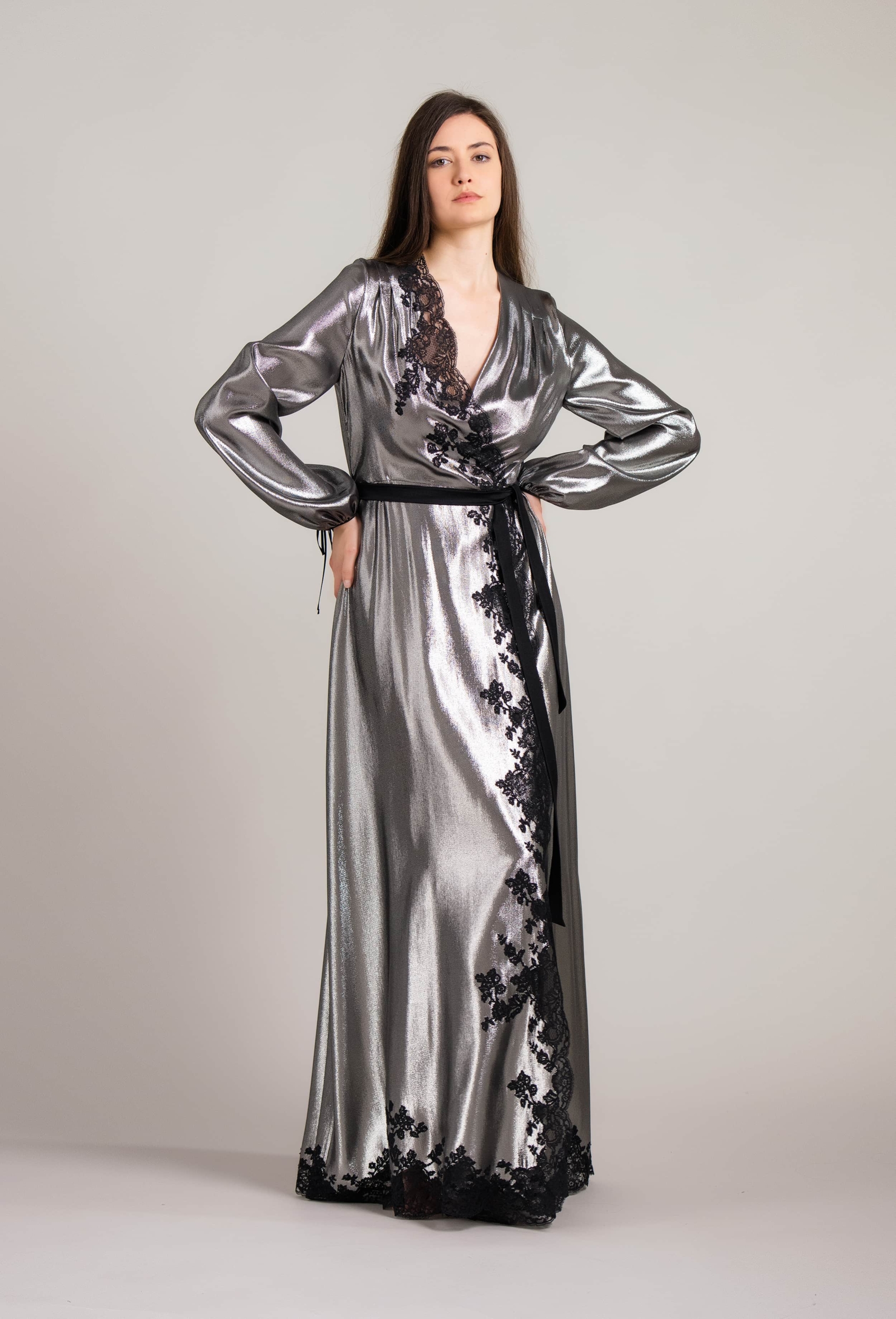 Long silk slip dress - Steel lurex