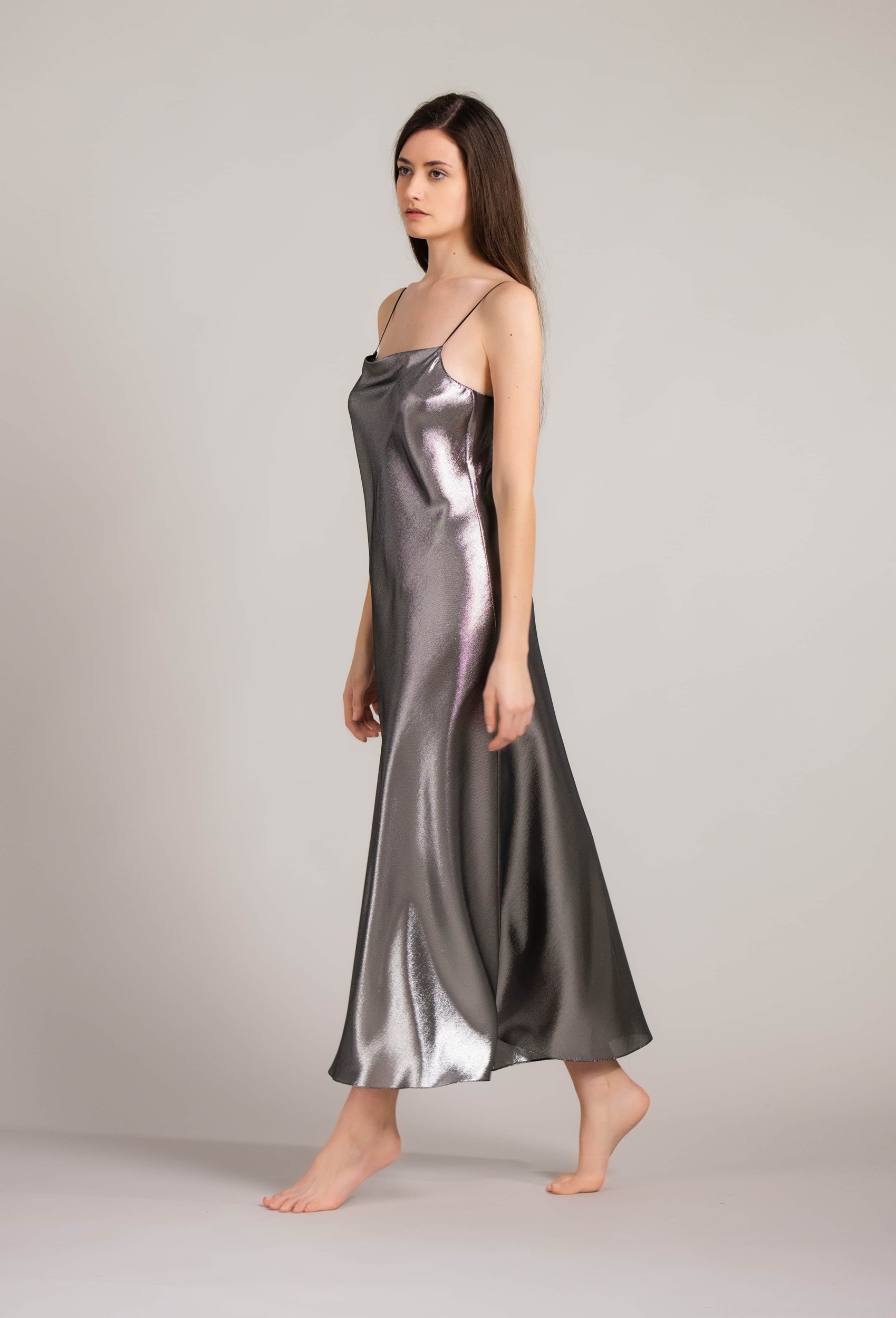 Long silk slip dress - Steel lurex
