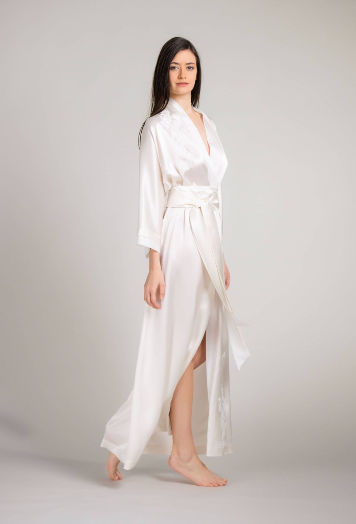 Long silk kimono - Pearl and natural Agatha lace - Carine Gilson